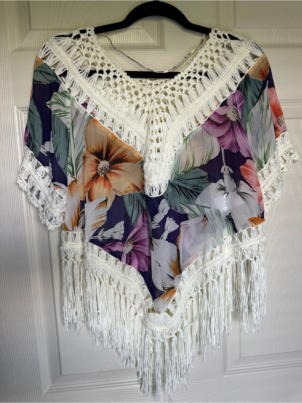 Miss Me Floral Crochet Fringe Poncho Top in Purple, Orange, Pink, Green & White
